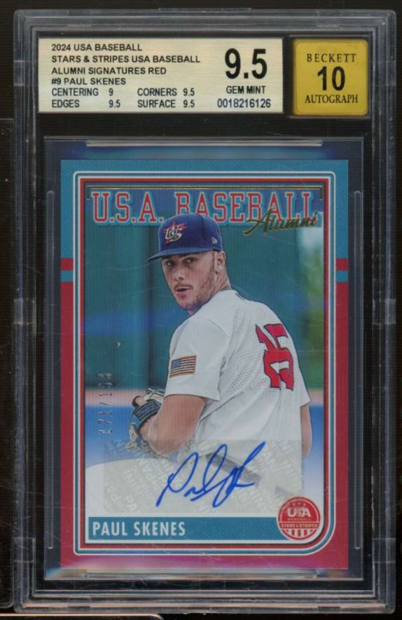 Paul Skenes Card 2024 Stars Stripes Alumni Signatures Red (pop 1) #9 BGS 9.5 Image 1