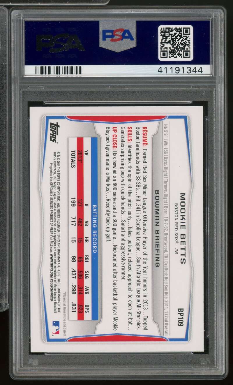 Mookie Betts Rookie Card 2014 Bowman Prospects Purple #BP109 PSA 10 Image 2