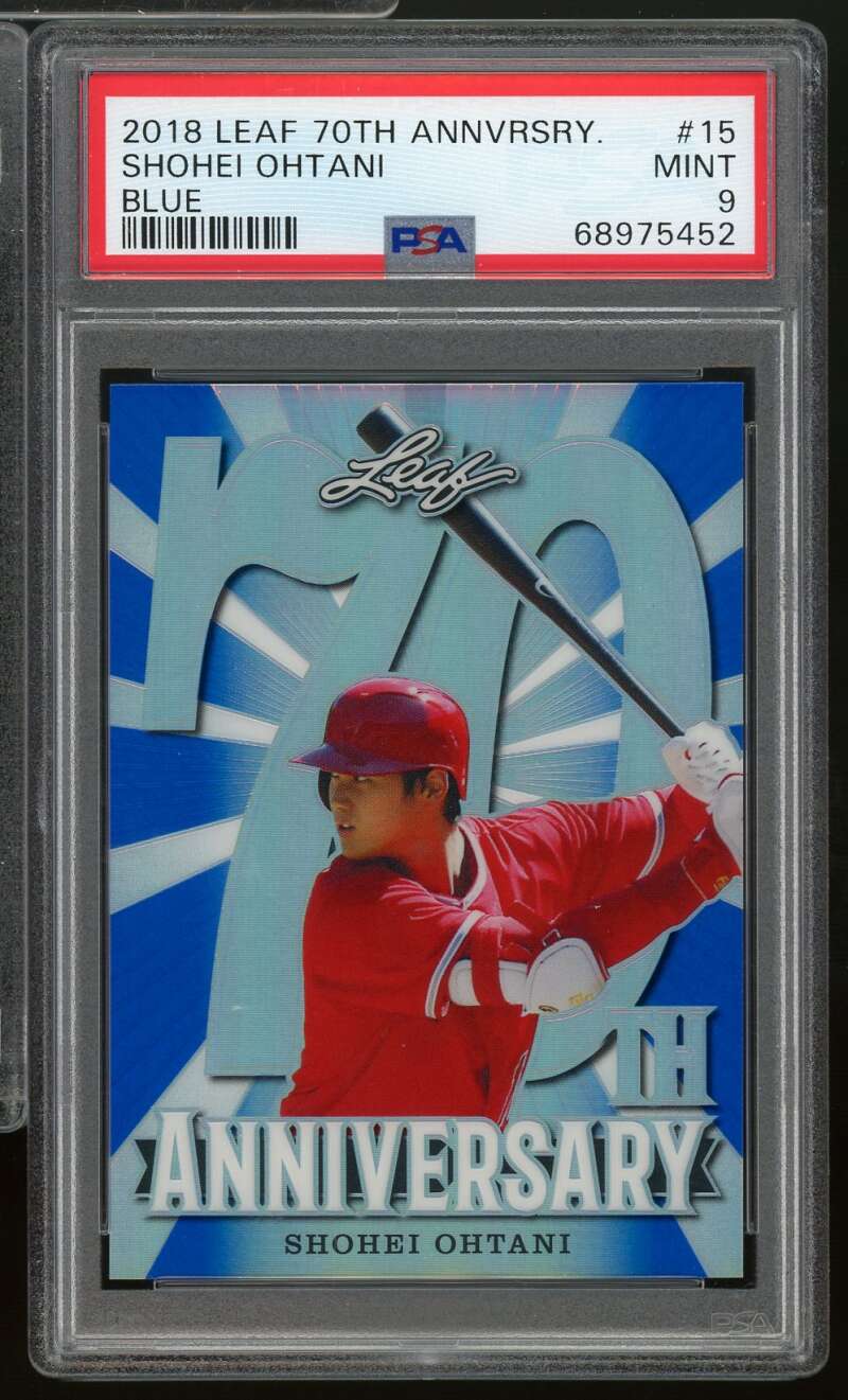 Shohei Ohtani Rookie Card 2018 Leaf 70th Anniversary Blue (28/50) #15 PSA 9 Image 1