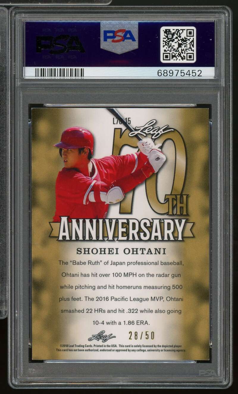 Shohei Ohtani Rookie Card 2018 Leaf 70th Anniversary Blue (28/50) #15 PSA 9 Image 2