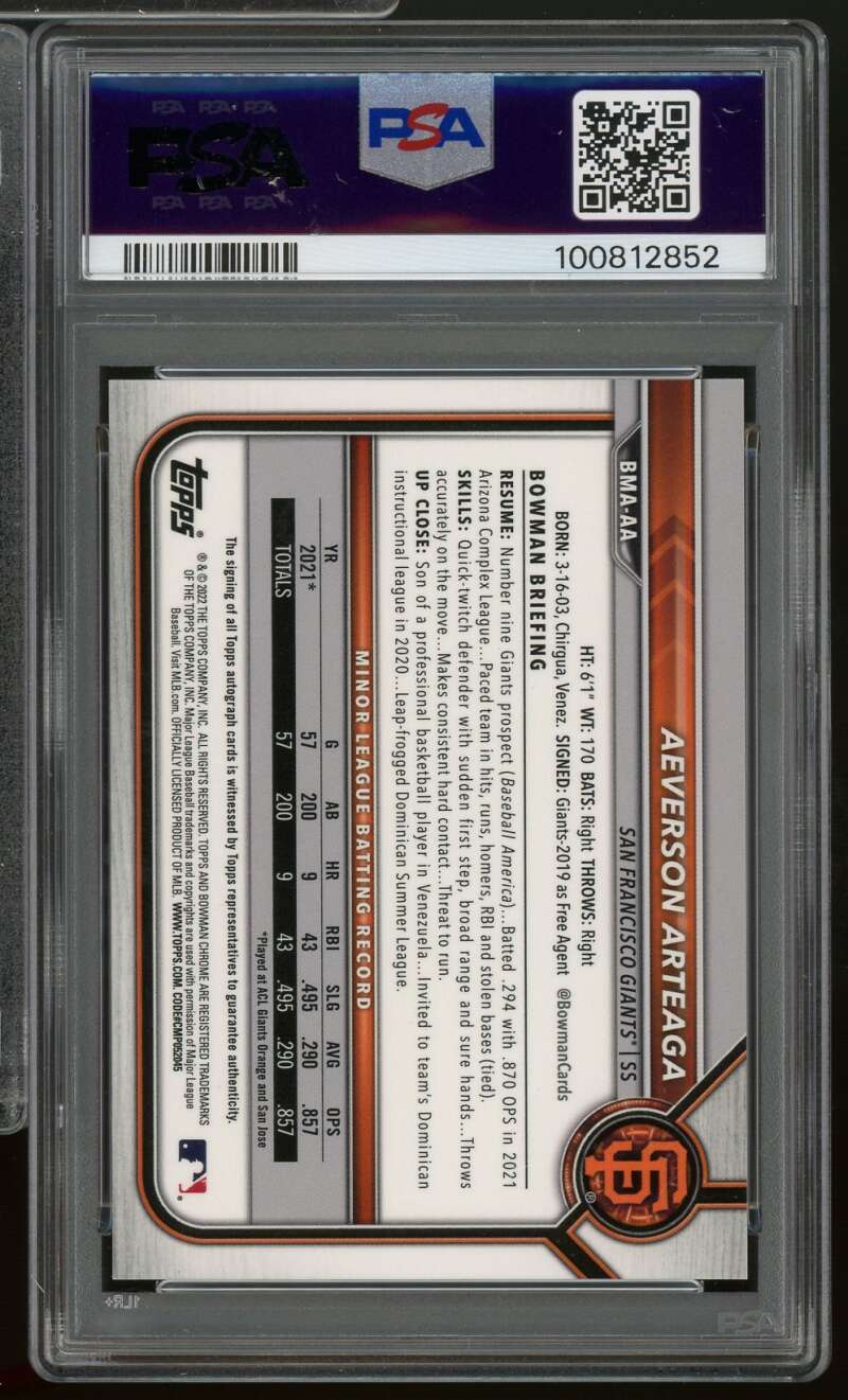 Aeverson Arteaga Rookie 2022 Bowman Mega Box Chrome Auto-Green Ref #AA PSA 10 Image 2