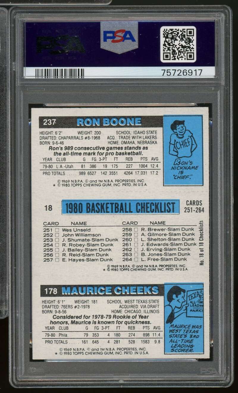Maurice Cheeks / Magic Johnson / Ron Boone Card 1980-81 Topps #237 PSA 9 Image 2