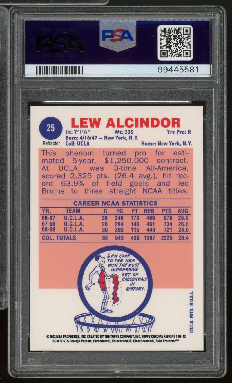 Lew Alcindor Card 2001 Topps Chrome Reprint 1969 Refractor (pop 11) #1 PSA 9 Image 2