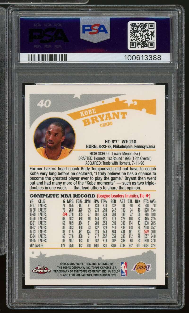 Kobe Bryant Card 2005-06 Topps Chrome #40 PSA 9 Image 2