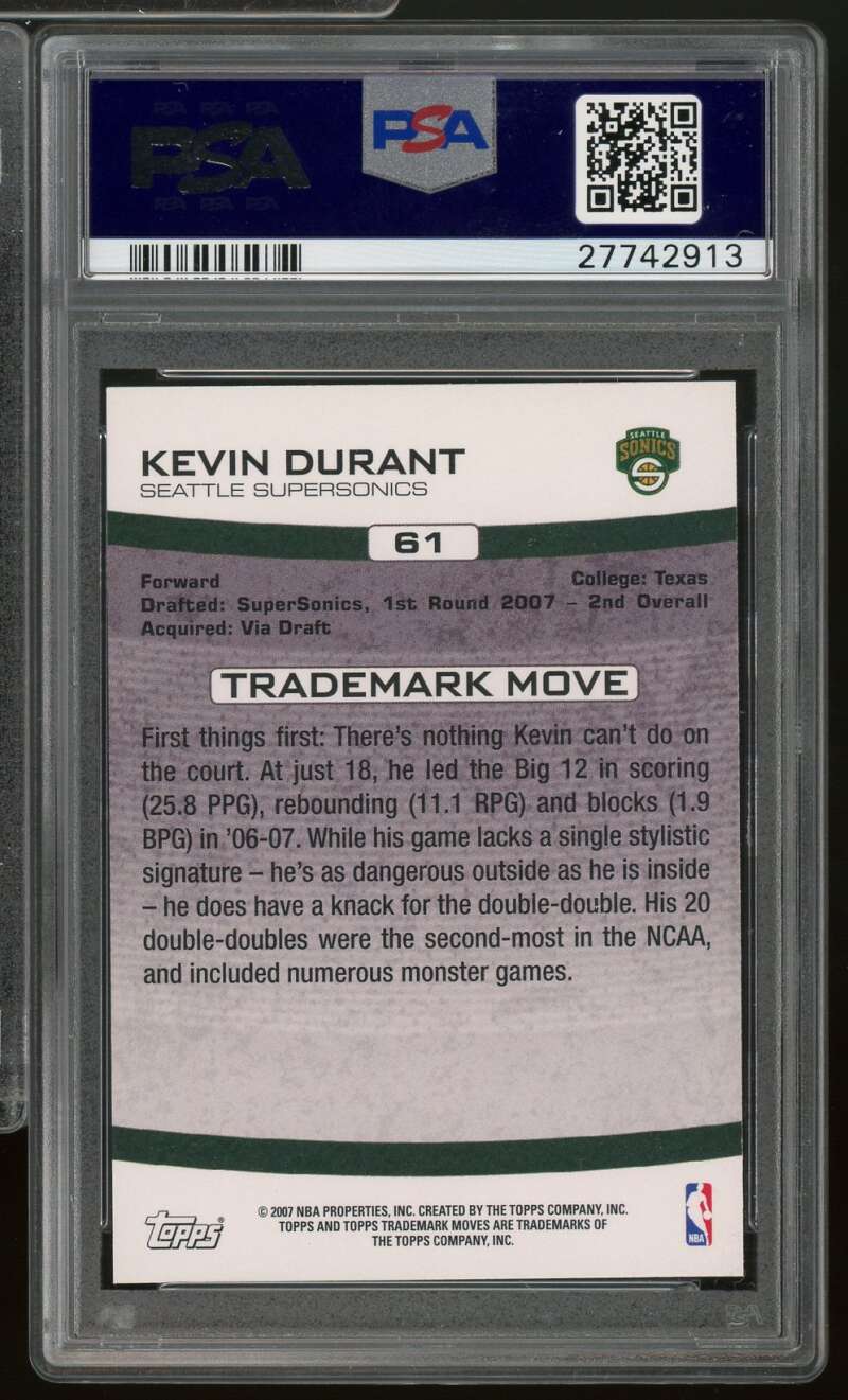 Kevin Durant Rookie Card 2007-08 Topps Trademark Moves #61 PSA 9 Image 2