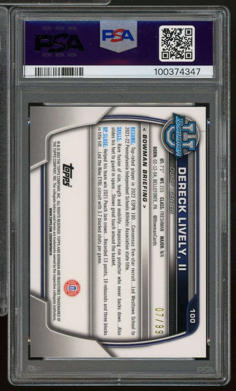 Dereck Lively Rookie 2022-23 Bowman University Green Lava Refractor #100 PSA 9 Image 2