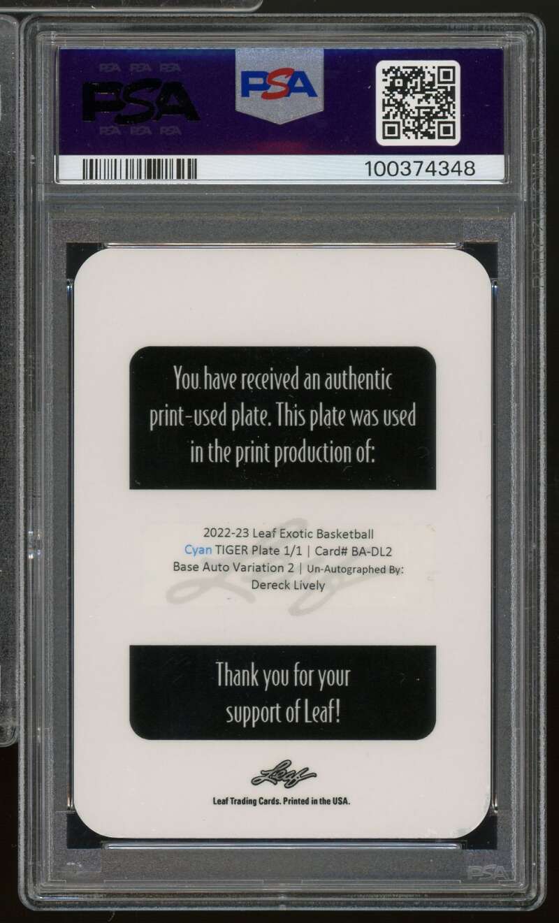 Dereck Lively Rookie 2022 Leaf Exotic Tiger Cyan PP (1/1) #BADL2 PSA Authentic Image 2