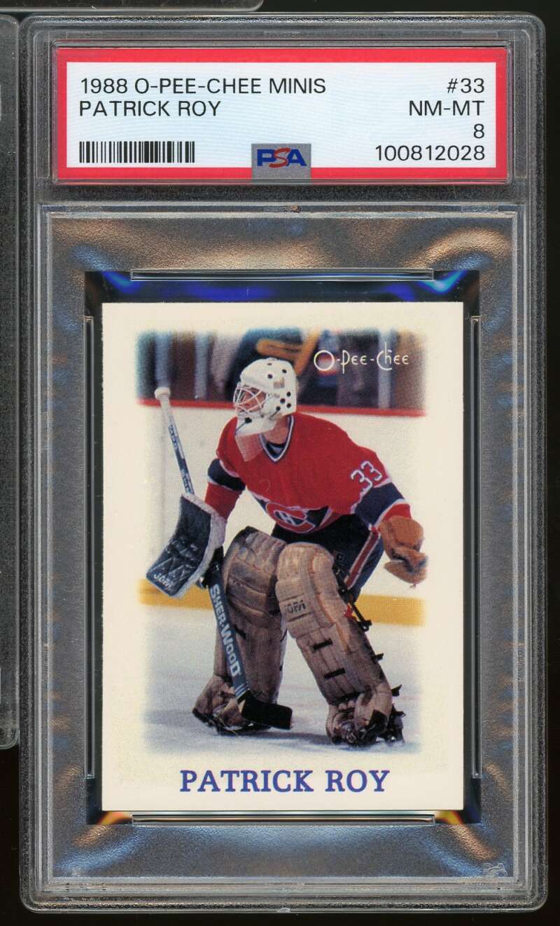 Patrick Roy Card 1987-88 O-Pee-Chee Minis #33 PSA 8 Image 1