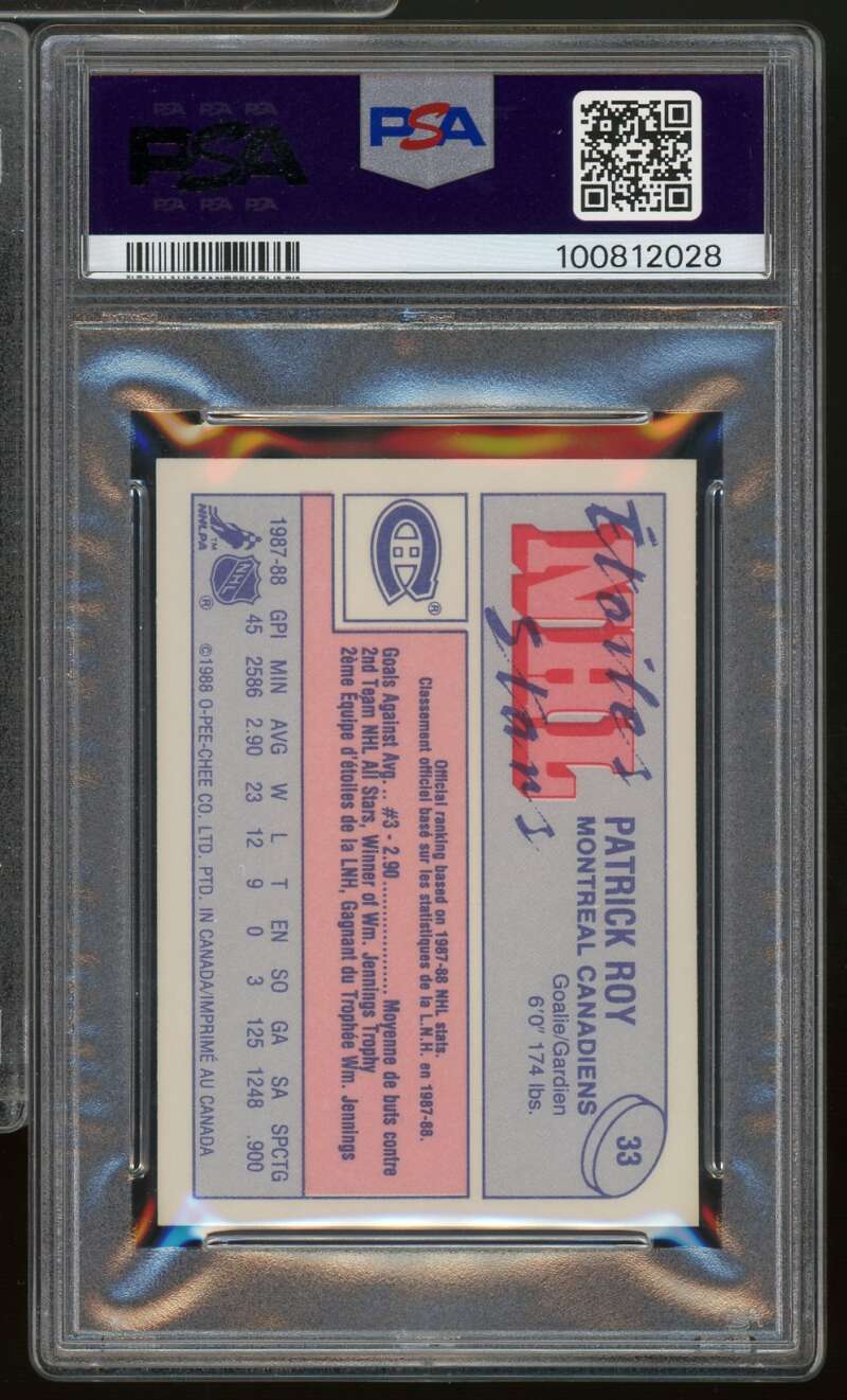 Patrick Roy Card 1987-88 O-Pee-Chee Minis #33 PSA 8 Image 2