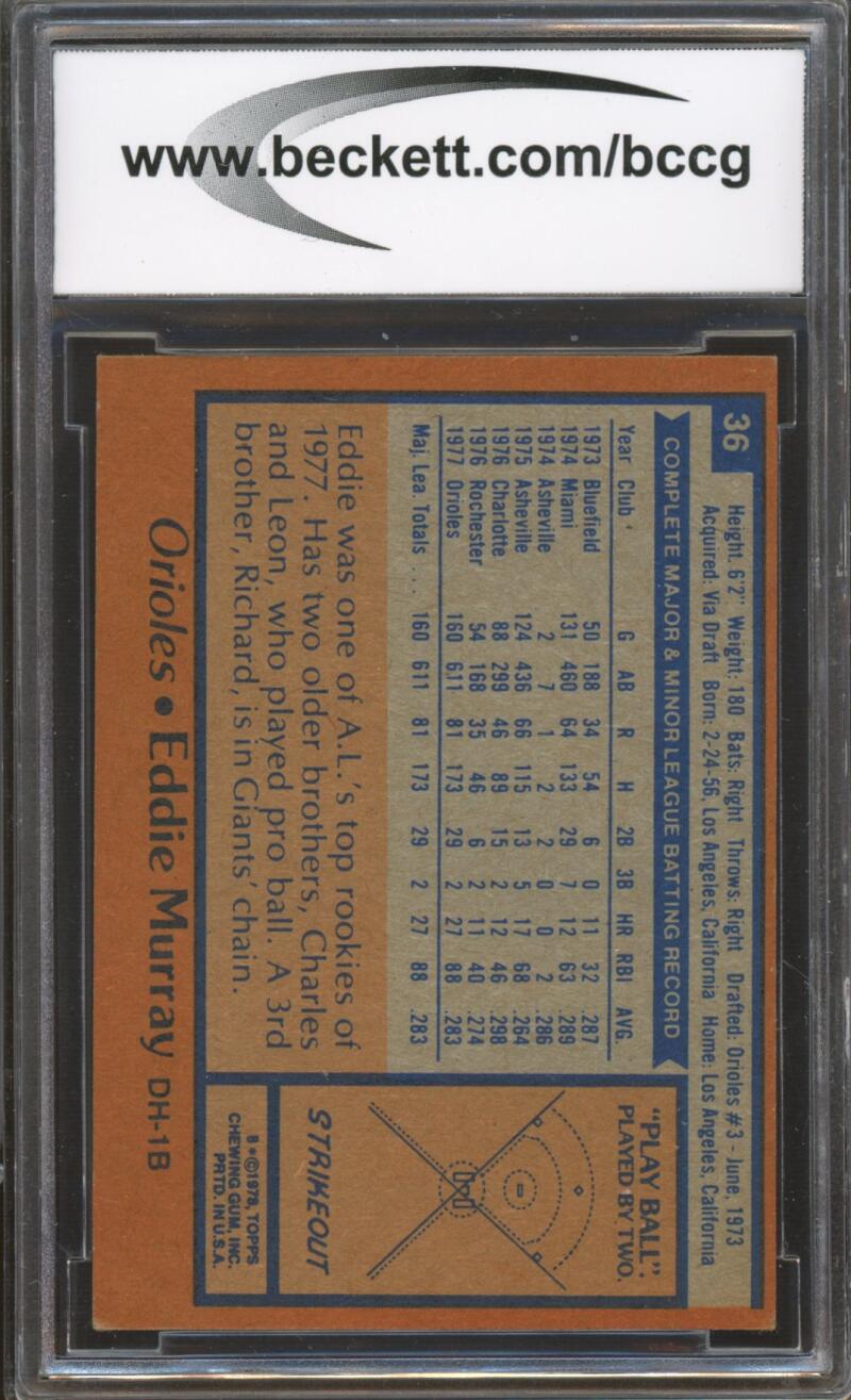 1978 Topps #36 Eddie Murray Rookie Card BGS BCCG 7 Very Good+ Image 2