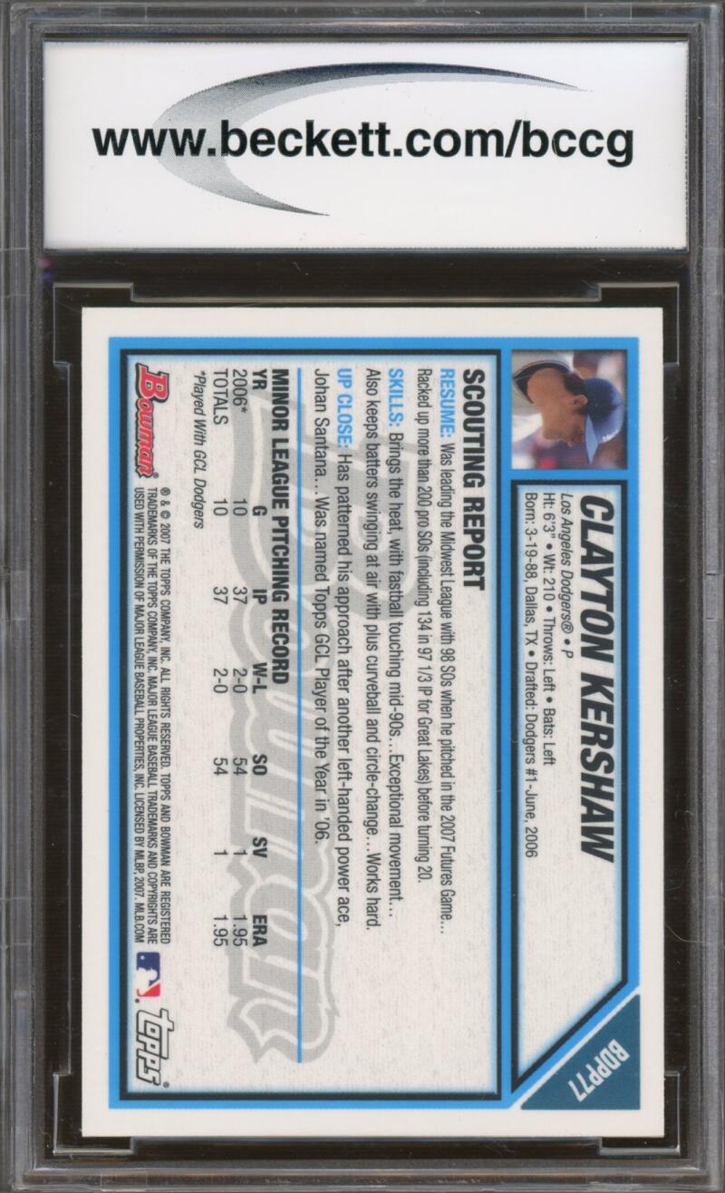 2007 Bowman Draft Future's Gold #BDPP77 Clayton Kershaw BGS BCCG 9 Near Mint+ Image 2
