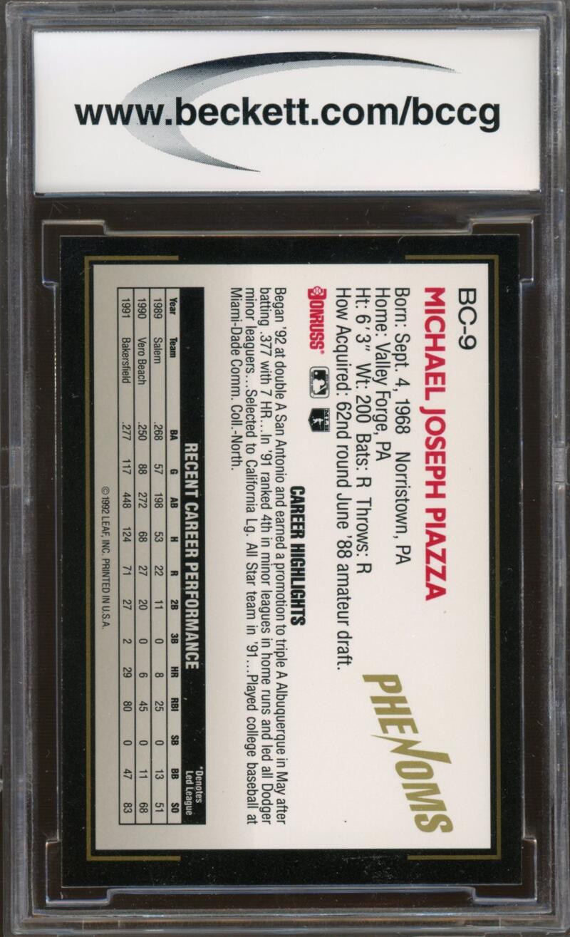 1992 Donruss The Rookies Phenoms #BC-9 Mike Piazza Rookie Card BGS BCCG 10 Mint+ Image 2