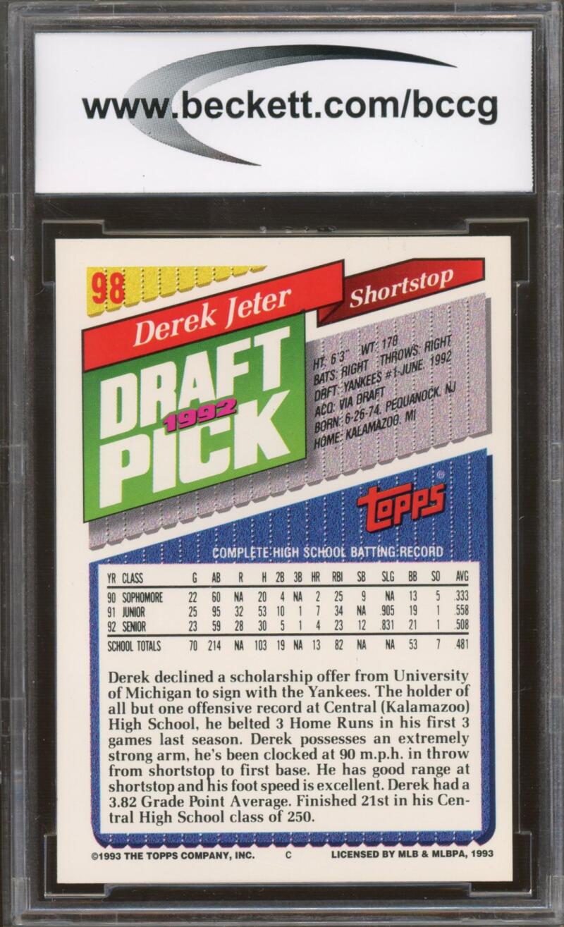 1993 Topps Gold #98 Derek Jeter Rookie Card BGS BCCG 9 Near Mint+ Image 2