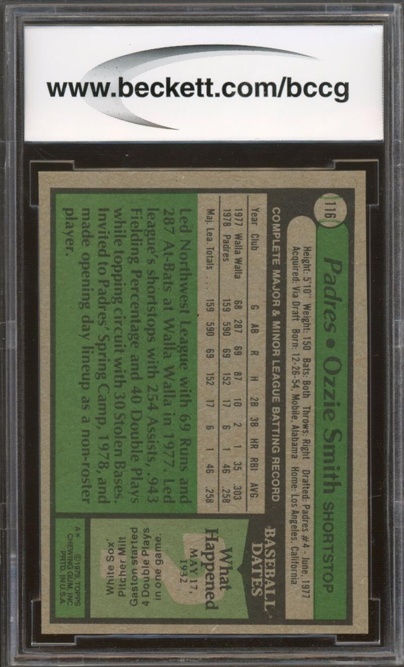 1979 Topps #116 Ozzie Smith Rookie Card BGS BCCG 9 Near Mint+ Image 2