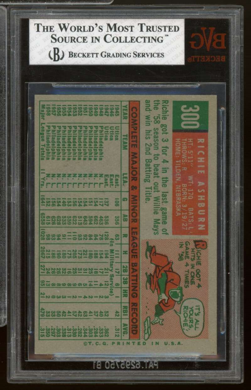 Richie Ashburn Card 1959 Topps #300 BVG 5 Image 2