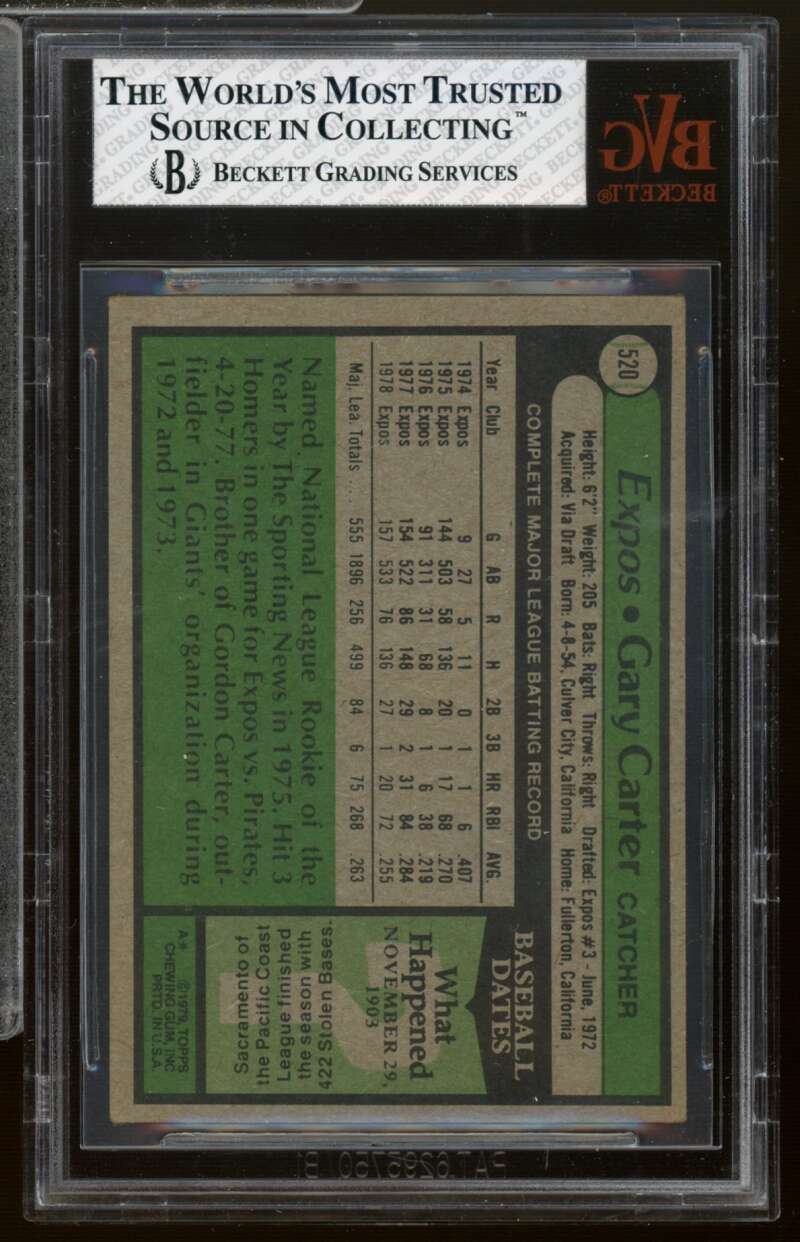 Gary Carter Card 1979 Topps #520 BVG 5 Image 2