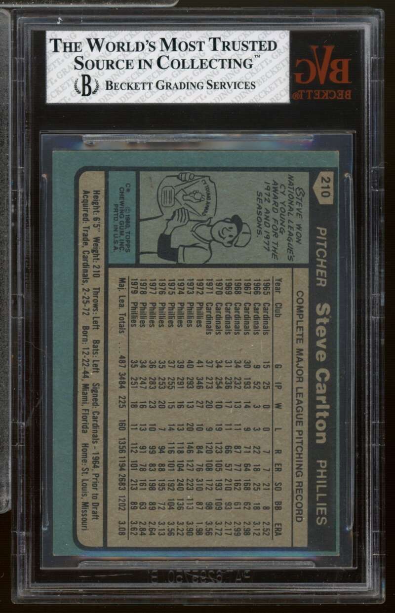 Steve Carlton Card 1980 Topps #210 BVG 6.5 Image 2
