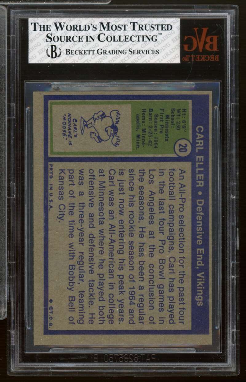 Carl Eller Card 1972 Topps #20 BVG 3 Image 2