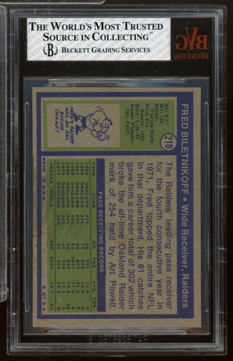 Fred Biletnikoff Card 1972 Topps #210 BVG 5.5 Image 2