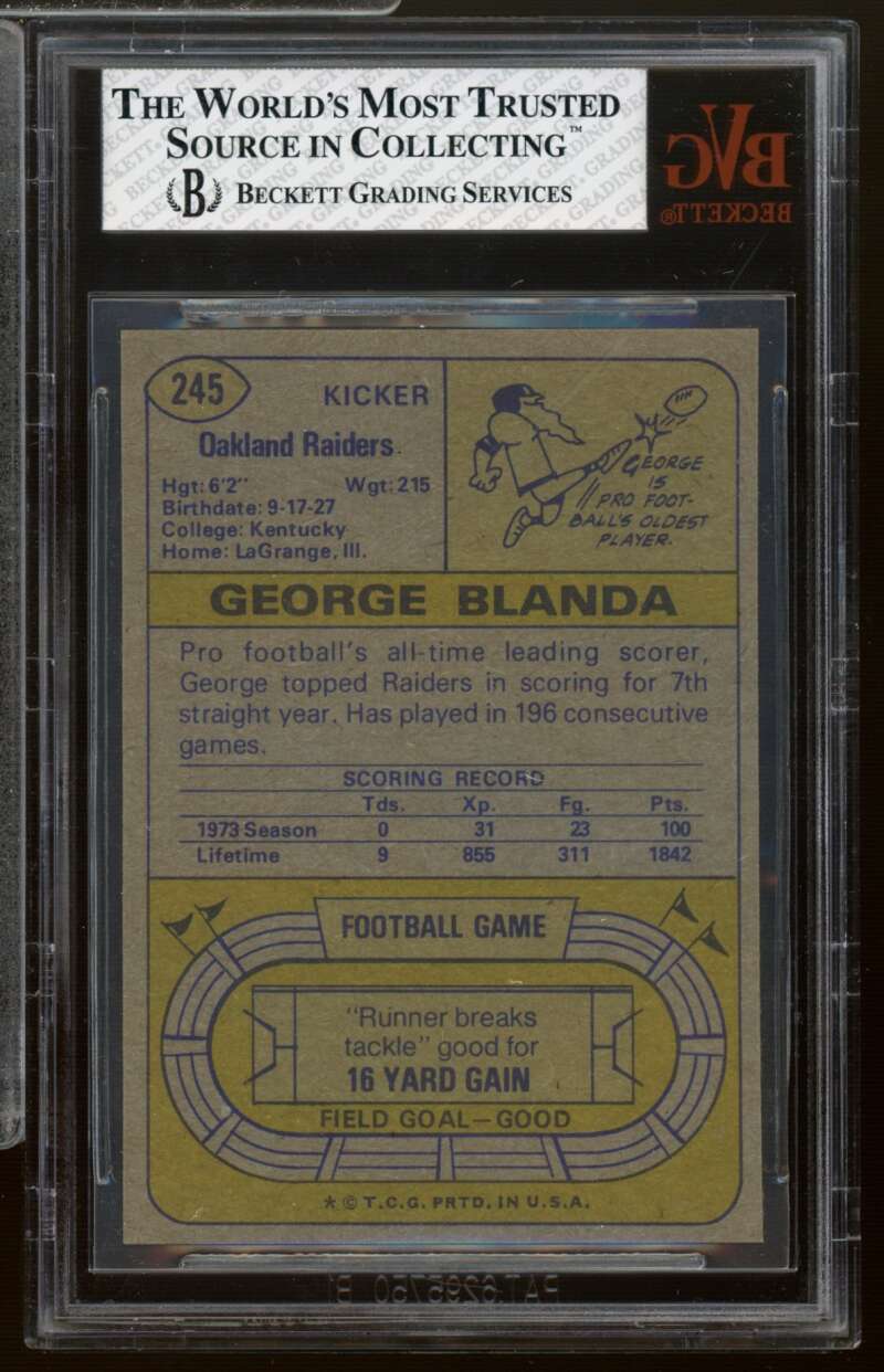 George Blanda Card 1974 Topps #245 BVG 6 Image 2