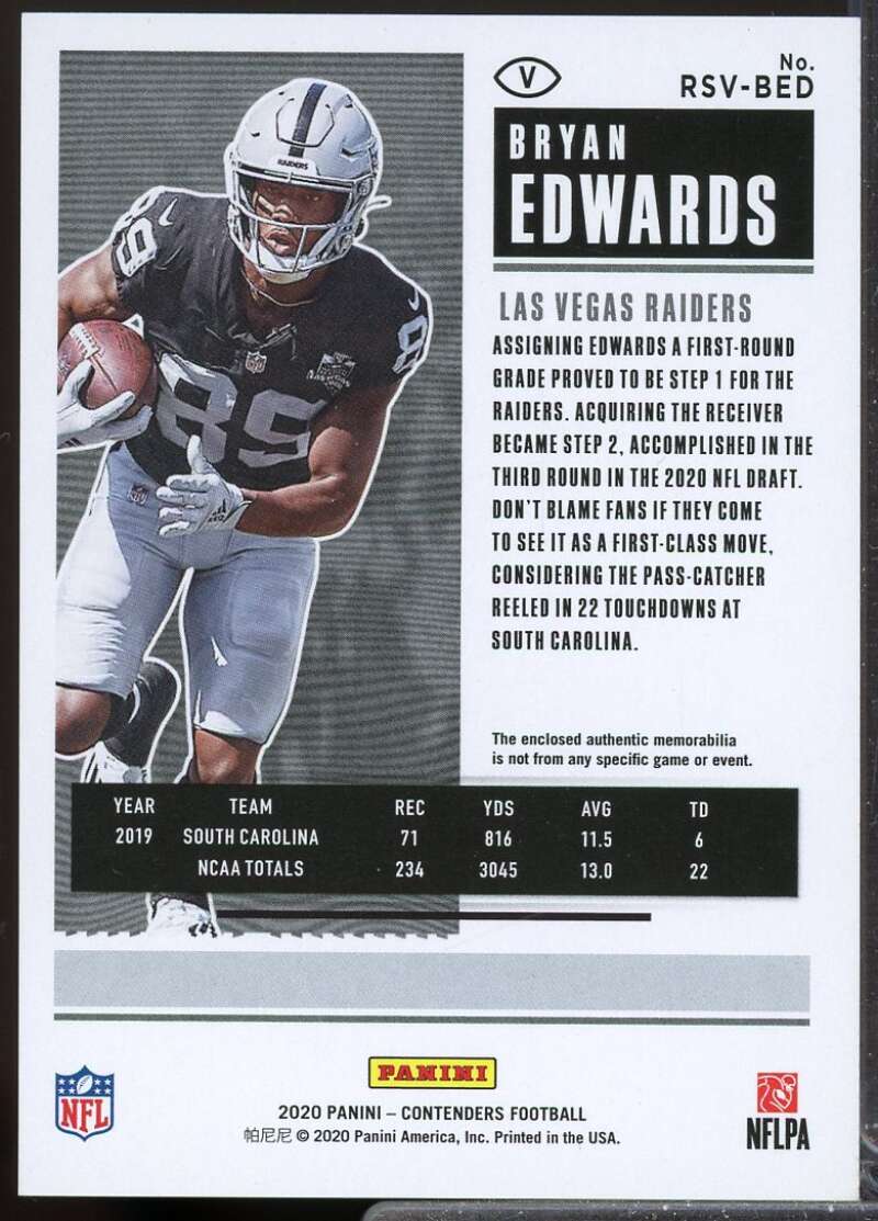 Bryan Edwards Card 2020 Panini Contenders Rookie Ticket Jersey Swatches #30  Image 2