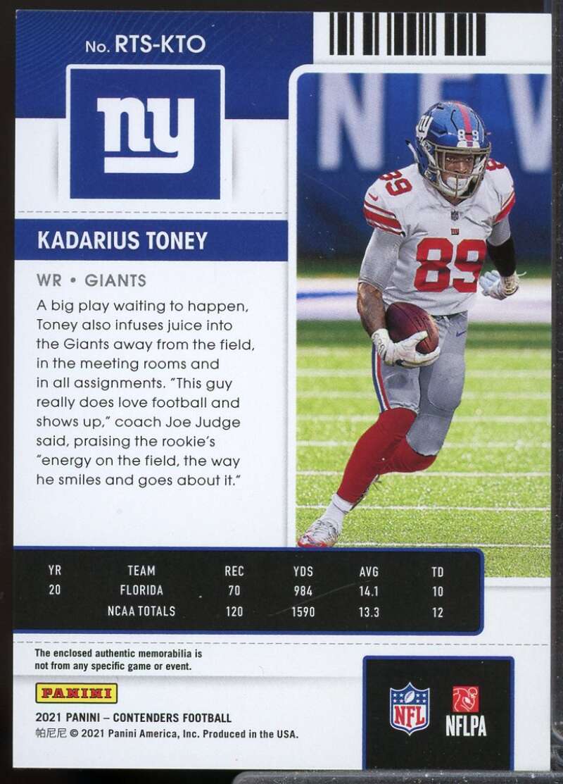Kadarius Toney Card 2021 Panini Contenders Rookie Ticket Jersey Swatches #10  Image 2