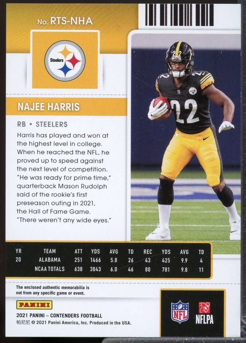 Najee Harris Card 2021 Panini Contenders Rookie Ticket Jersey Swatches #11  Image 2