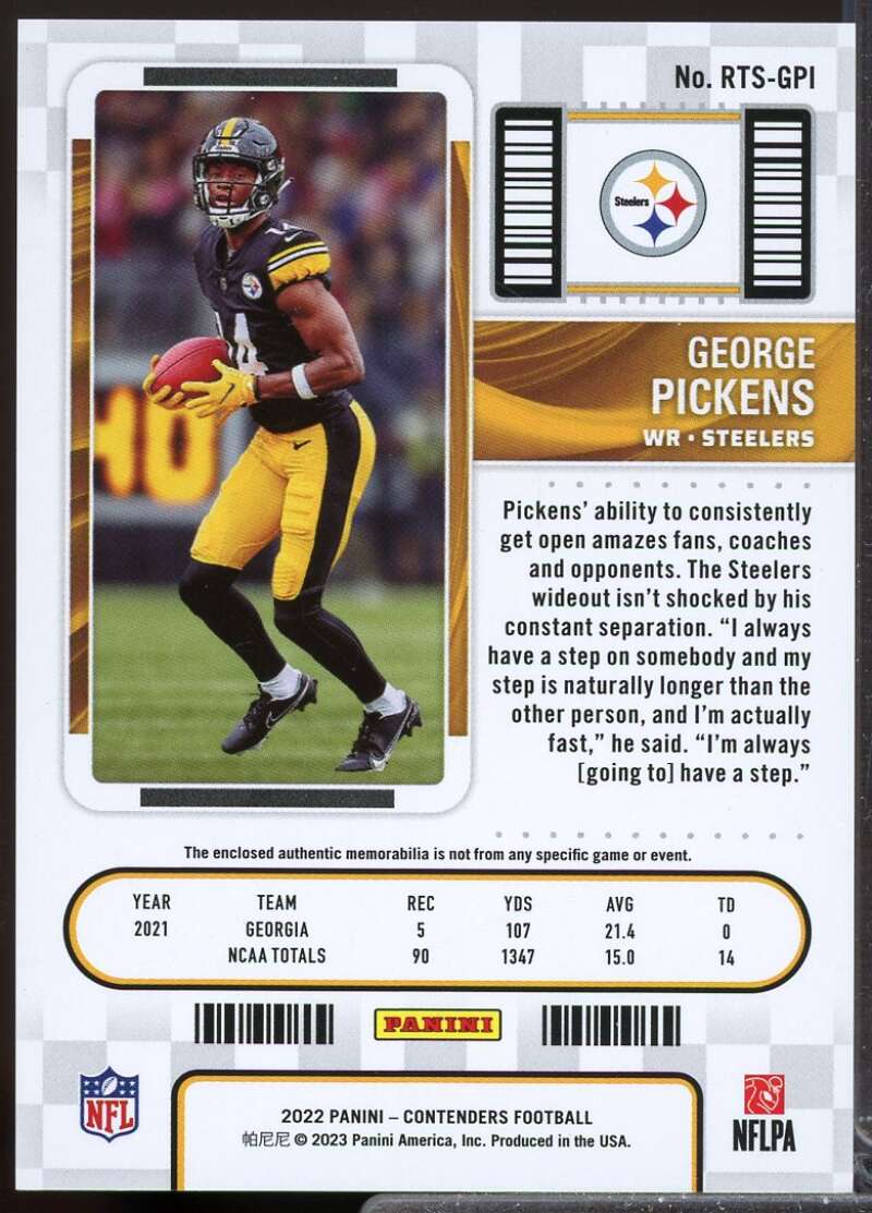 George Pickens Card 2022 Panini Contenders Rookie Ticket Jersey Swatches #18  Image 2