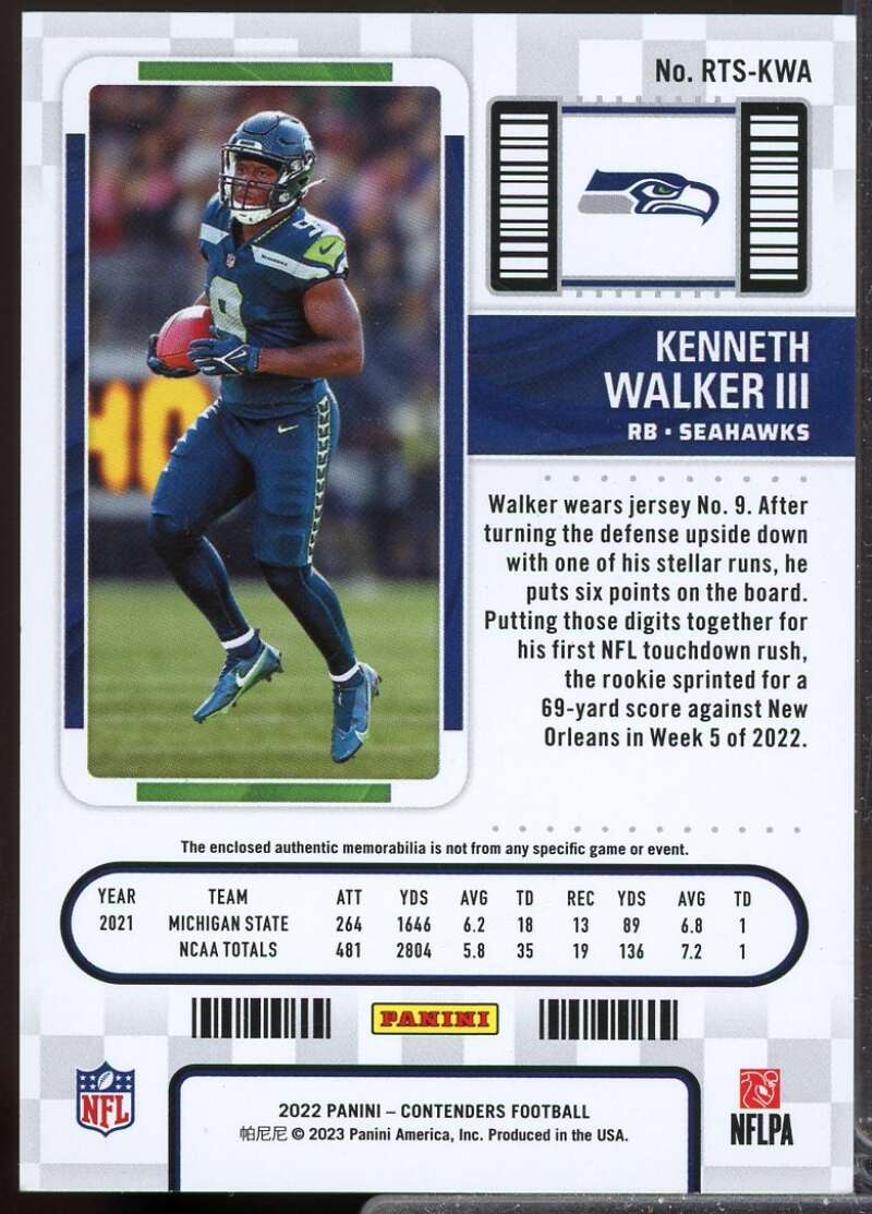 Kenneth Walker III 2022 Panini Contenders Rookie Ticket Jersey Swatches #26  Image 2