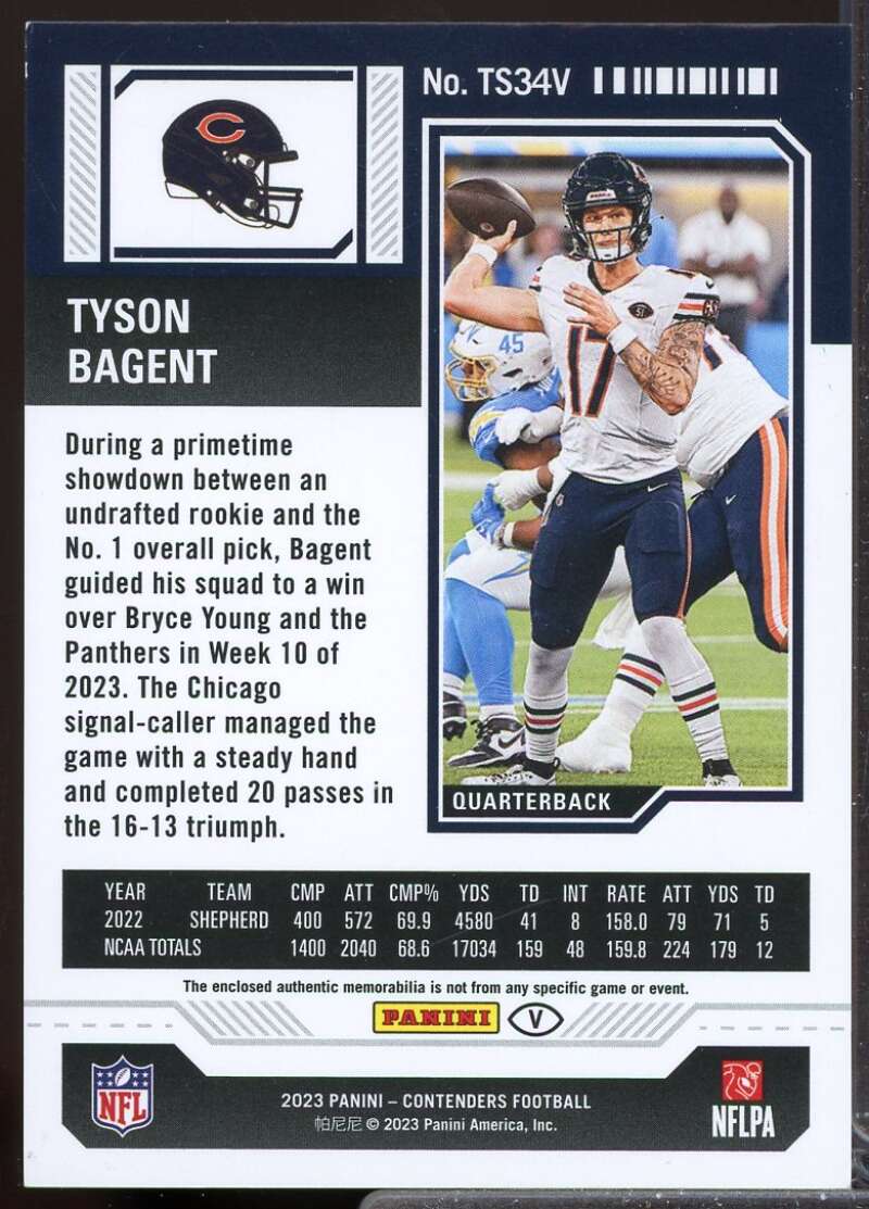Tyson Bagent Card 2023 Panini Contenders Rookie Ticket Jersey Swatches #34  Image 2