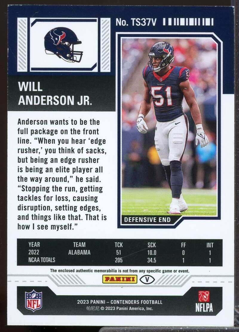 Will Anderson Jr. Card 2023 Panini Contenders Rookie Ticket Jersey Swatches #37  Image 2