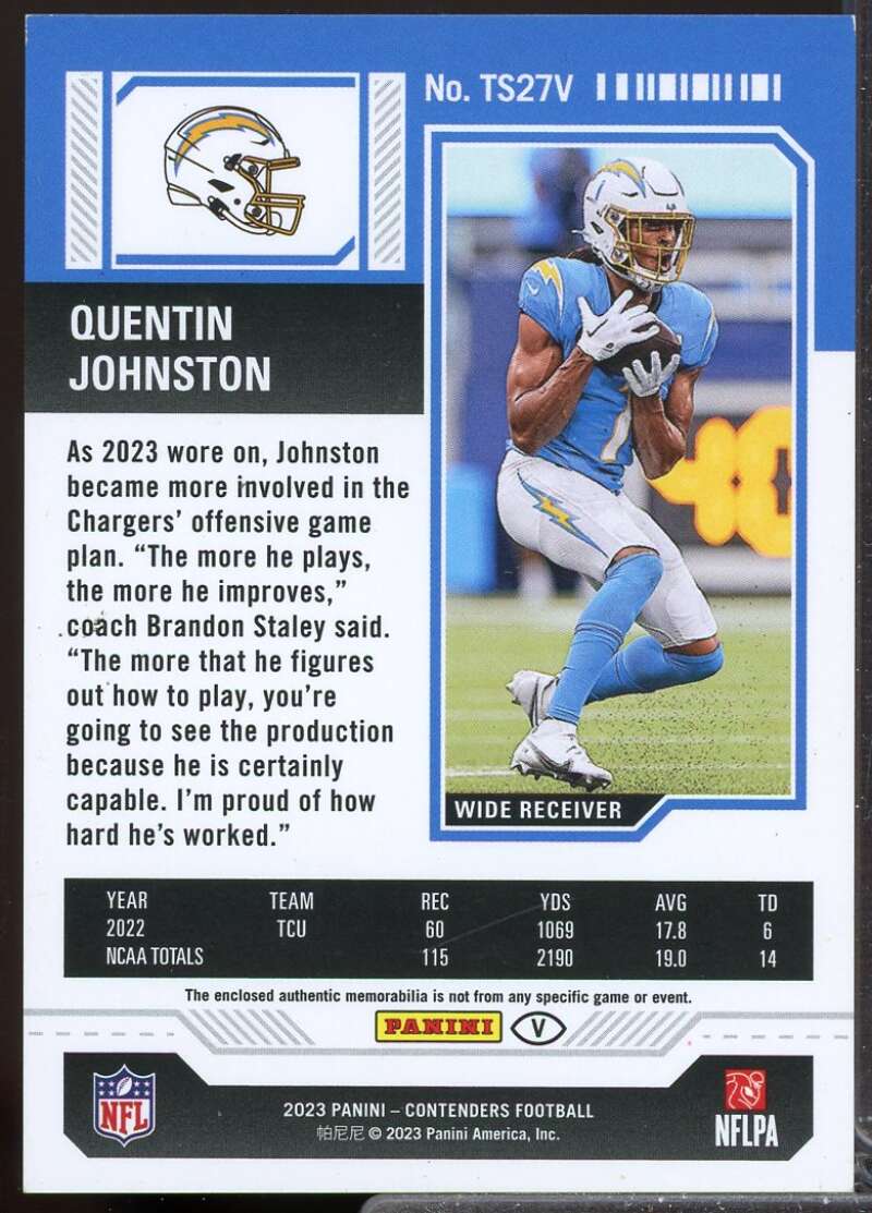Quentin Johnston Card 2023 Panini Contenders Rookie Ticket Jersey Swatches #27  Image 2