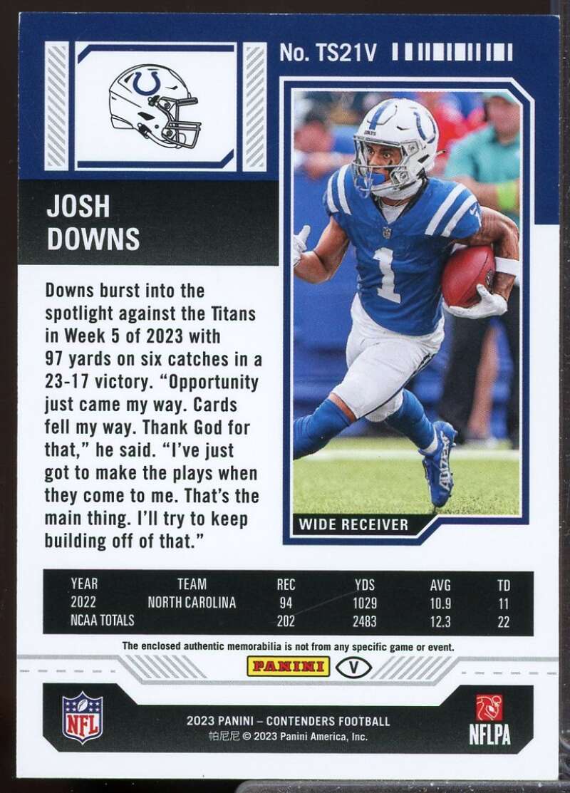 Josh Downs Card 2023 Panini Contenders Rookie Ticket Jersey Swatches #21  Image 2
