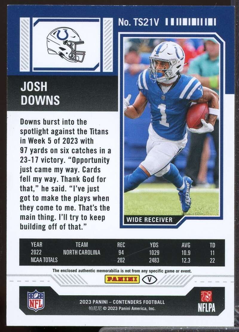 Josh Downs Card 2023 Panini Contenders Rookie Ticket Jersey Swatches #21  Image 2