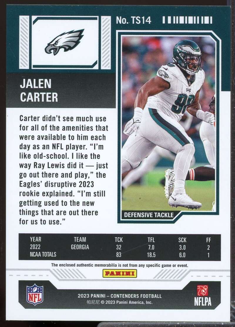 Jalen Carter Card 2023 Panini Contenders Rookie Ticket Jersey Swatches #14  Image 2