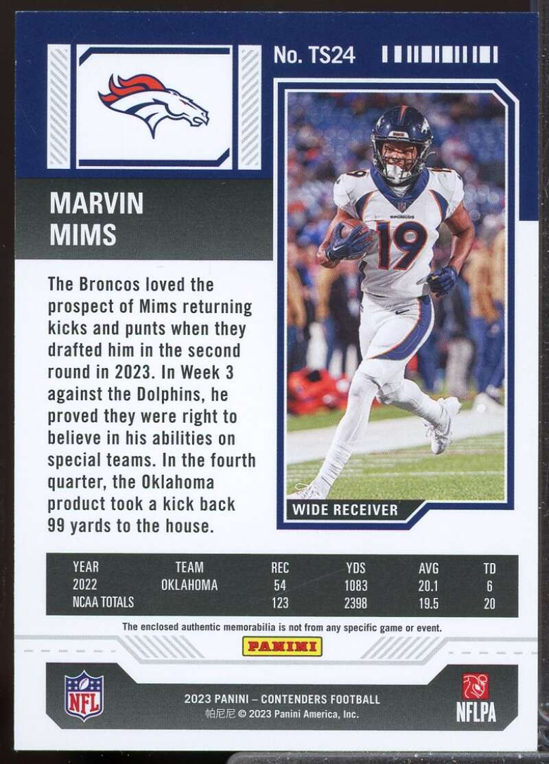 Marvin Mims Card 2023 Panini Contenders Rookie Ticket Jersey Swatches #24  Image 2