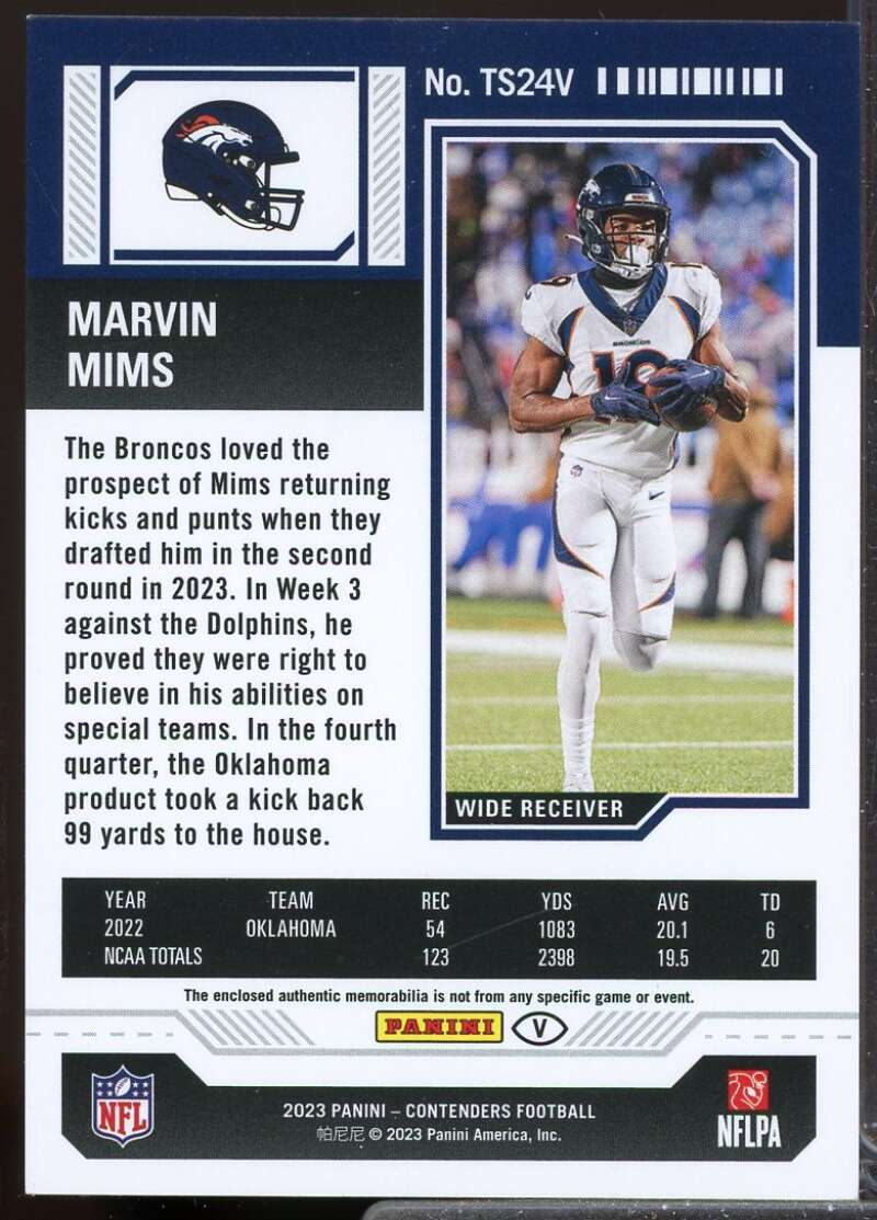 Marvin Mims 2023 Panini Contenders Rookie Ticket Jersey Swatches Variation #24  Image 2