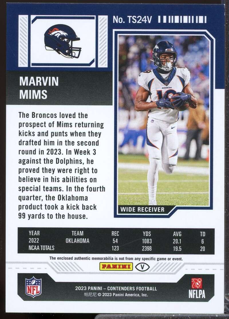 Marvin Mims 2023 Panini Contenders Rookie Ticket Jersey Swatches Variation #24  Image 2