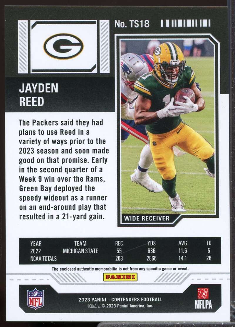 Jayden Reed Card 2023 Panini Contenders Rookie Ticket Jersey Swatches #18  Image 2