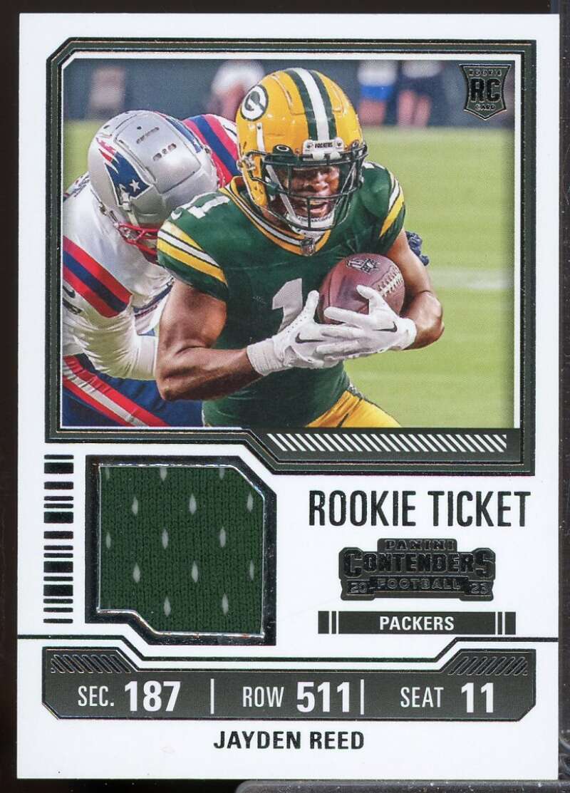 Jayden Reed Card 2023 Panini Contenders Rookie Ticket Jersey Swatches #18  Image 1