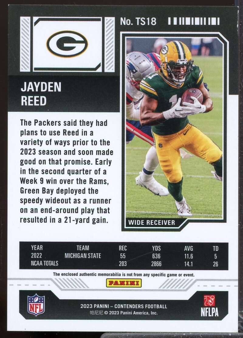Jayden Reed Card 2023 Panini Contenders Rookie Ticket Jersey Swatches #18  Image 2
