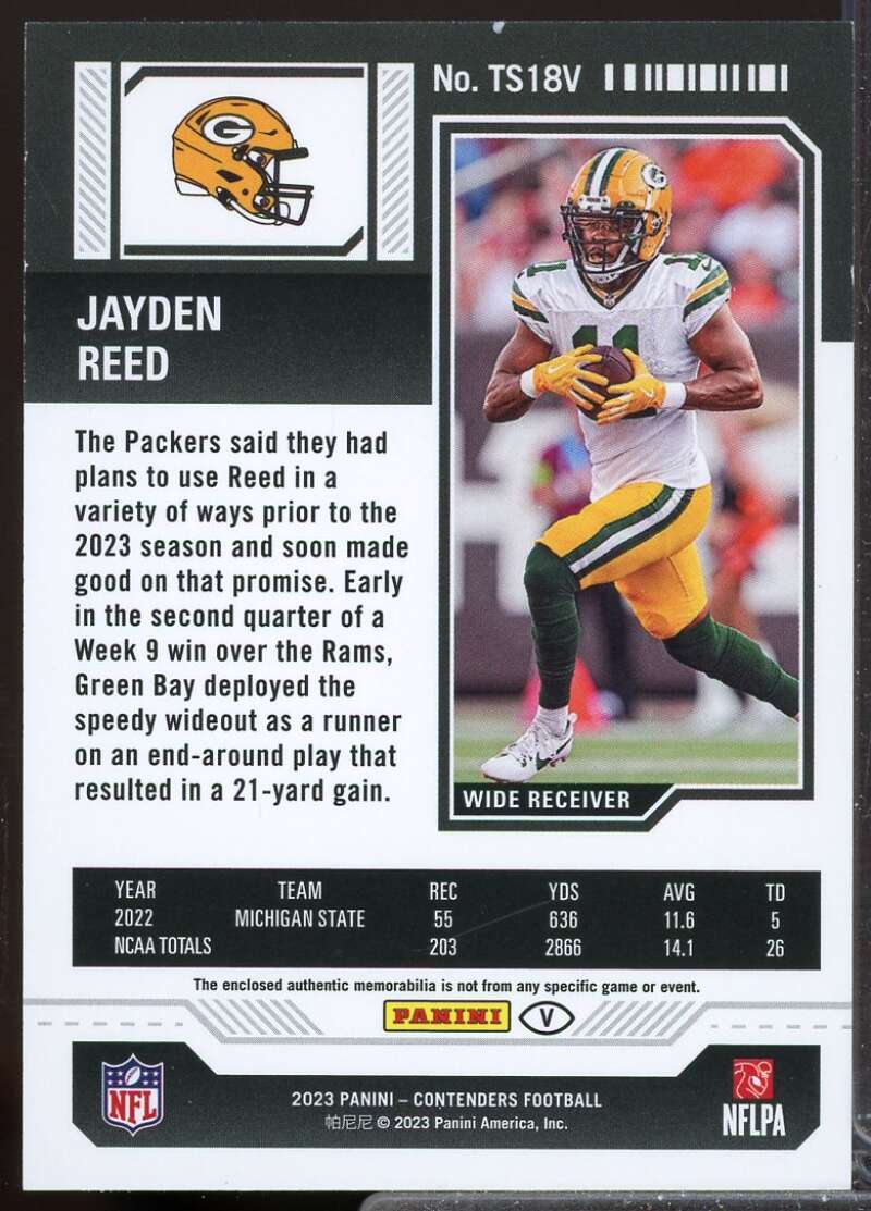 Jayden Reed 2023 Panini Contenders Rookie Ticket Jersey Swatches Variation #18  Image 2