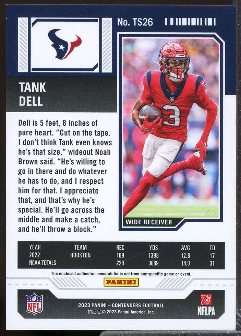 Tank Dell Card 2023 Panini Contenders Rookie Ticket Jersey Swatches #26  Image 2