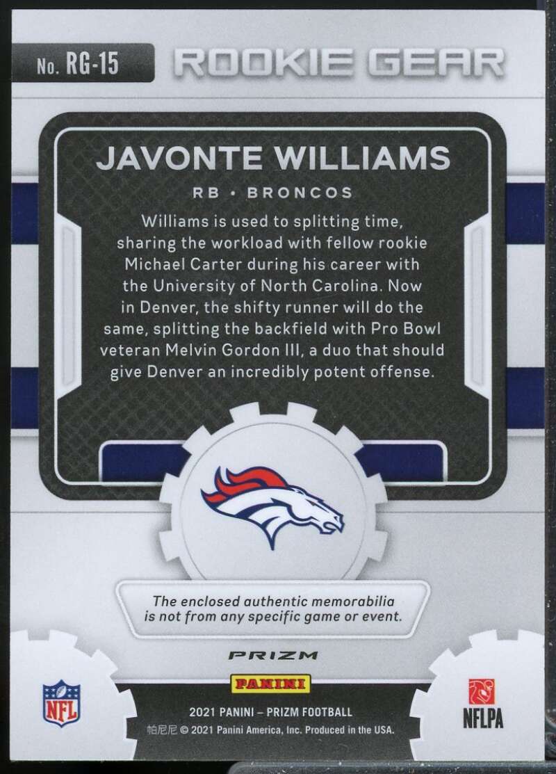 Javonte Williams 2021 Panini Prizm Rookie Gear Jersey Neon Green Pulsar #15  Image 2
