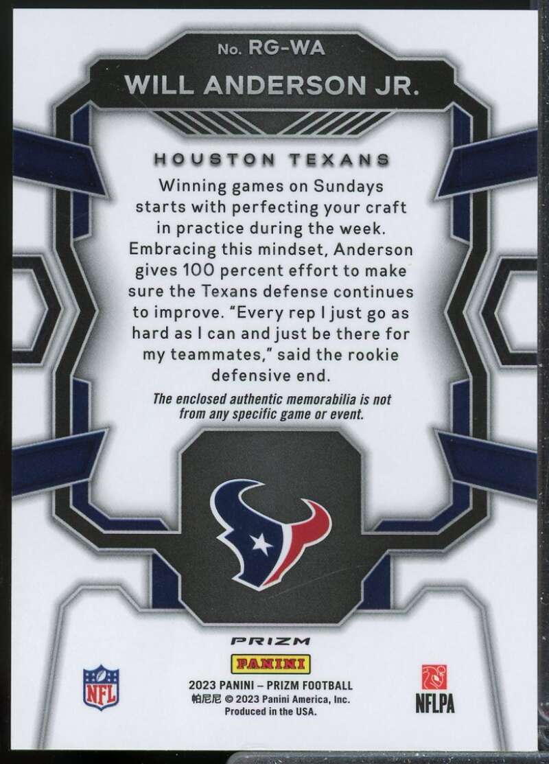 Will Anderson Jr. Card 2023 Panini Prizm Rookie Gear Jersey #16  Image 2