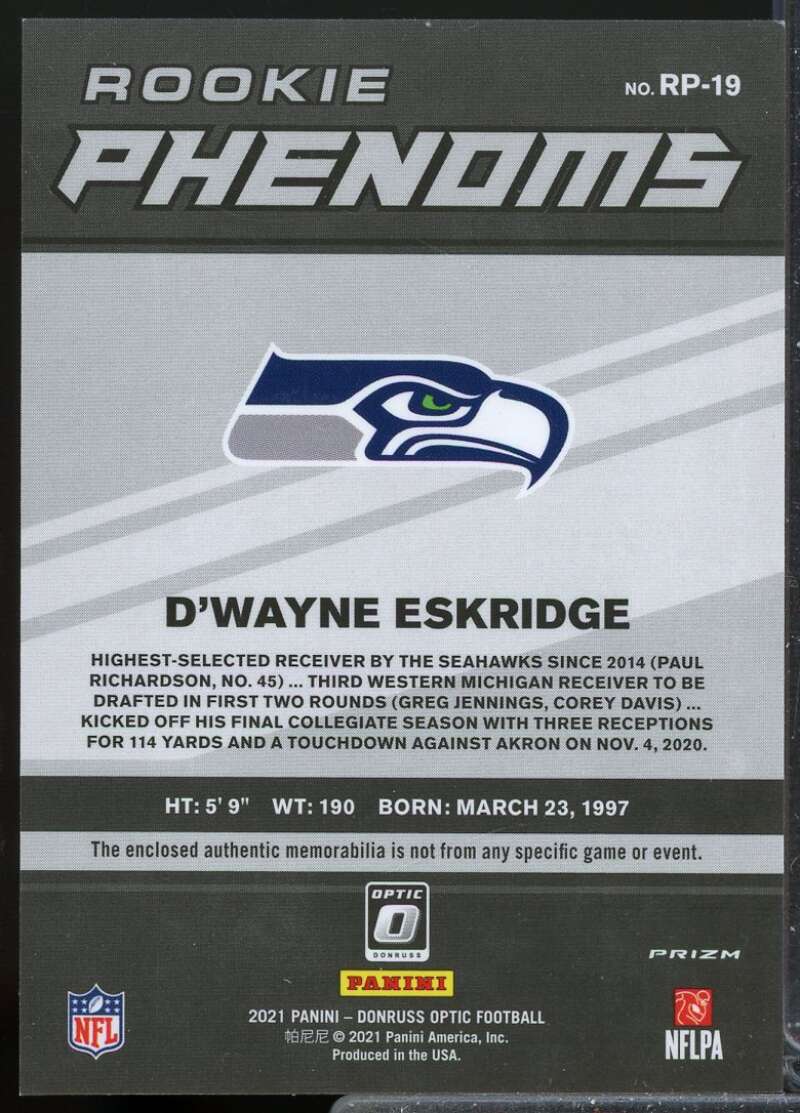 D'Wayne Eskridge Card 2021 Donruss Optic Rookie Phenoms Jerseys Blue Hyper #19  Image 2