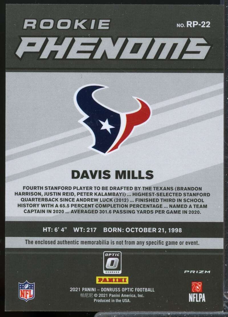 Davis Mills Card 2021 Donruss Optic Rookie Phenoms Jerseys #22  Image 2