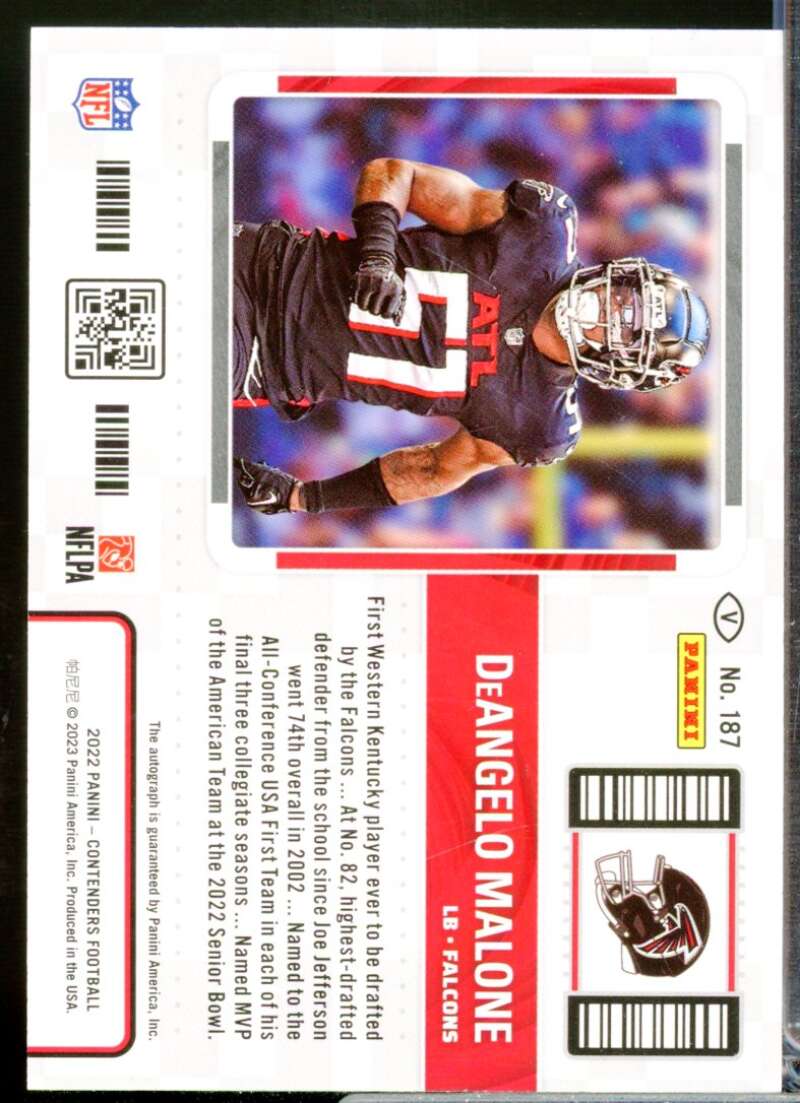 DeAngelo Malone Card 2022 Panini Contenders Rookie Autograph Variation #187B  Image 2