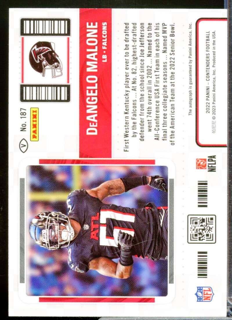 DeAngelo Malone Card 2022 Panini Contenders Rookie Autograph Variation #187B  Image 2