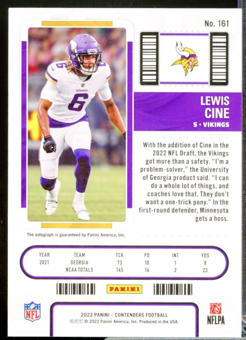 Lewis Cine Card 2022 Panini Contenders Rookie Autograph #161A  Image 2